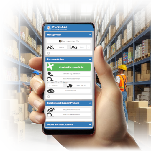 Hand, holdiing mobile phone showing PurchAce web app main screen